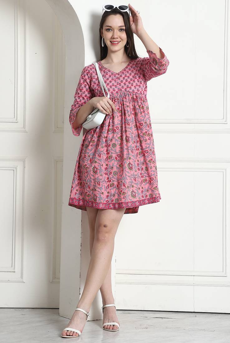 Light pink women's pure cotton jaipuri printed western dress