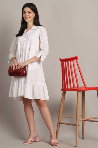 White women's pure cotton solid western dress