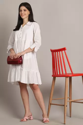 White women's pure cotton solid western dress