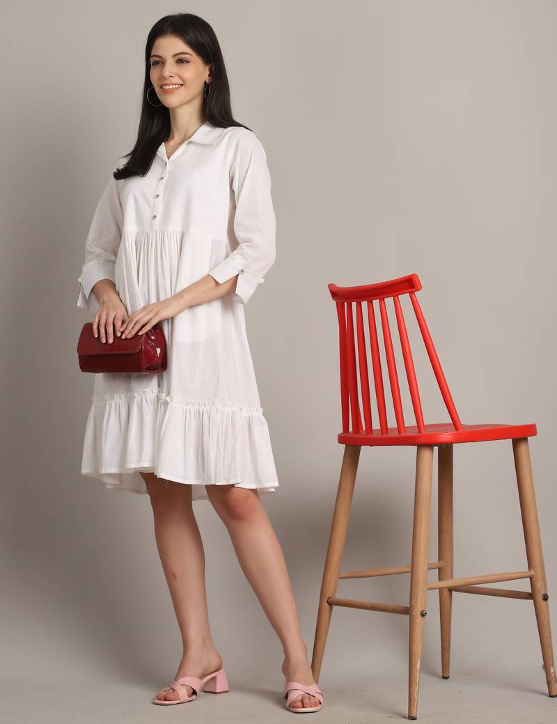 White women's pure cotton solid western dress