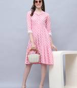 Baby pink women's pure cotton jaipuri printed western dress