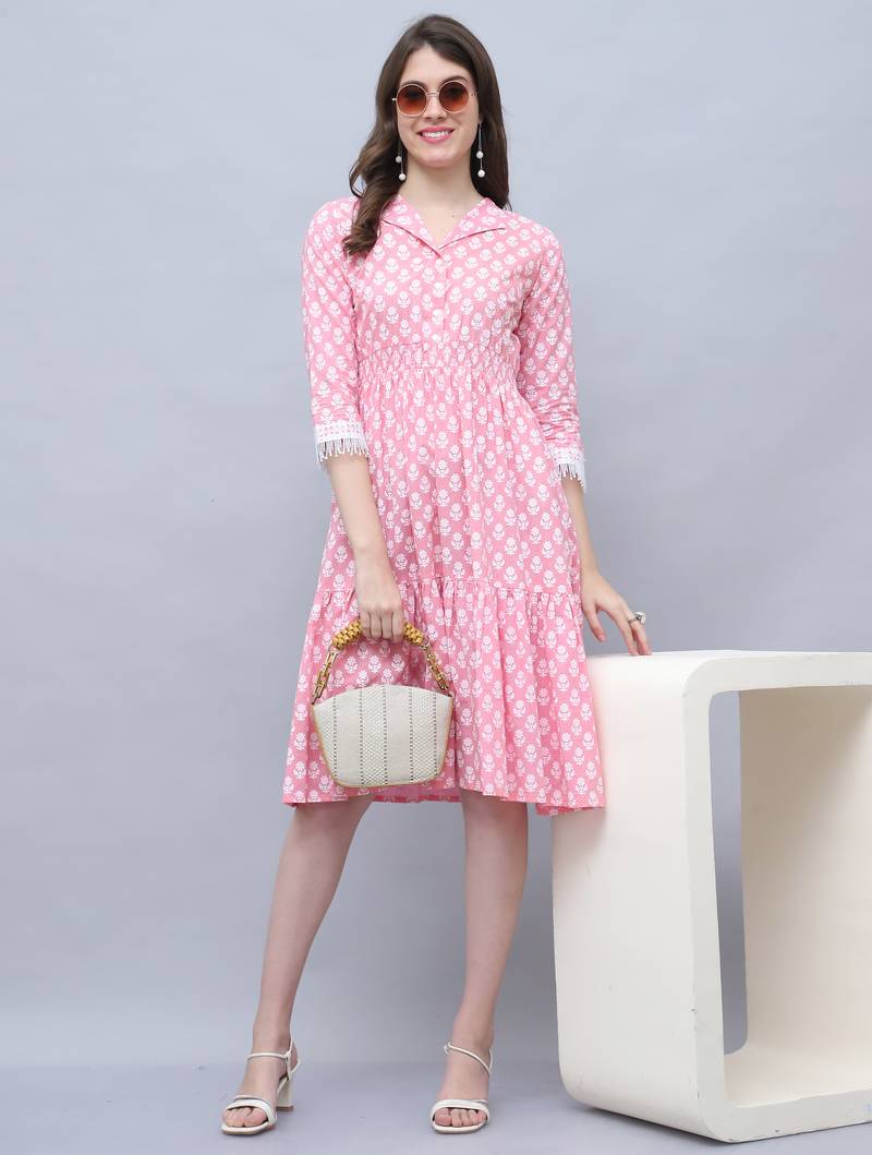 Baby pink women's pure cotton jaipuri printed western dress