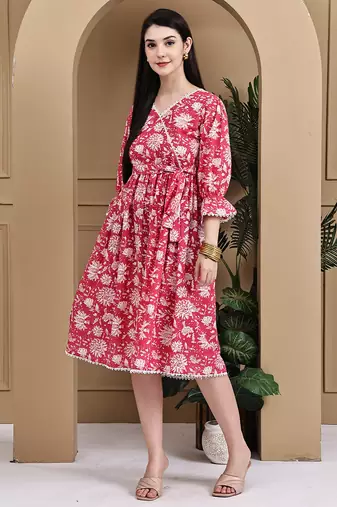 Pink women's cotton jaipuri printed western dress