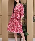 Pink women's cotton jaipuri printed western dress