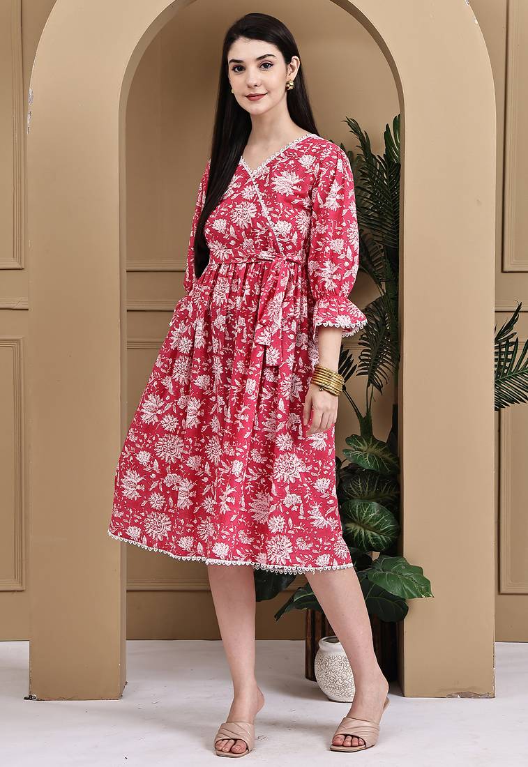 Pink women's cotton jaipuri printed western dress