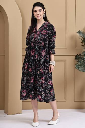 Black women's pure cotton jaipuri printed western dress