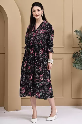 Black women's pure cotton jaipuri printed western dress