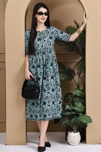 Sea green women's pure cotton jaipuri printed gown