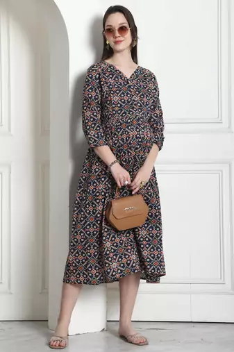 Navy blue & red women's cotton jaipuri printed maternity gown