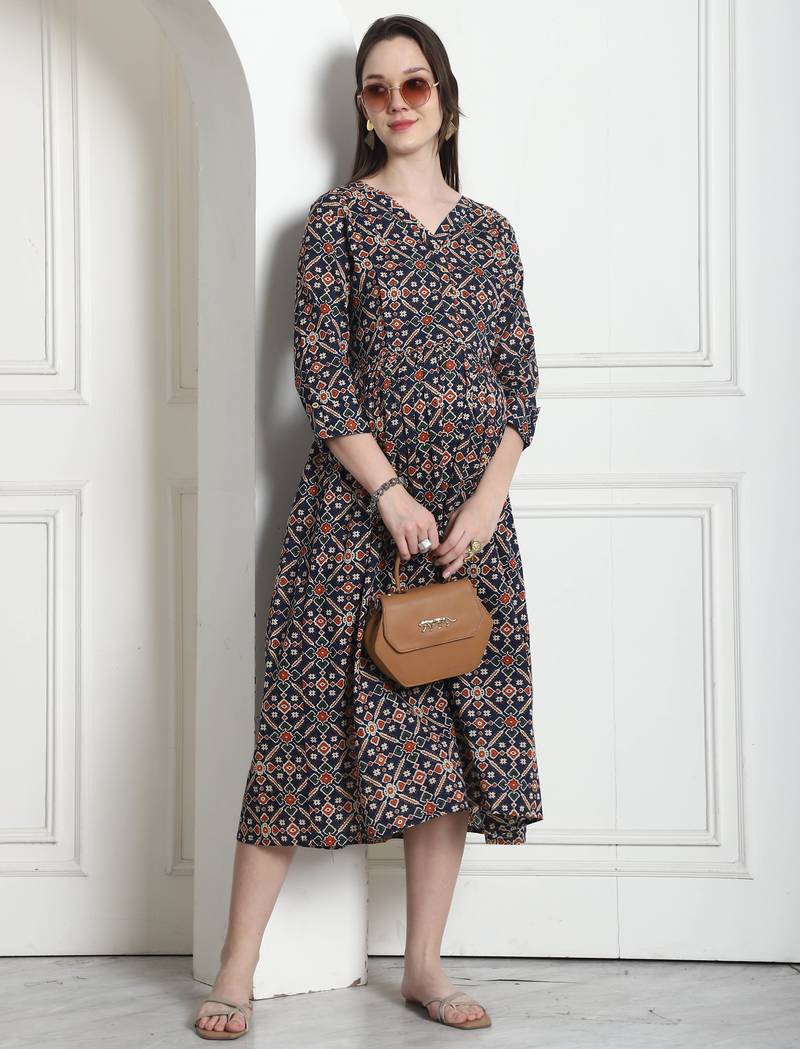 Navy blue & red women's cotton jaipuri printed maternity gown