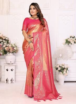Coral Pink Color Premium Banarasi Tissue Silk Blend Sarees  2