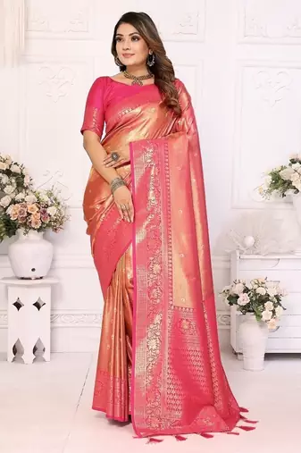 Coral Pink Color Premium Banarasi Tissue Silk Blend Sarees 
