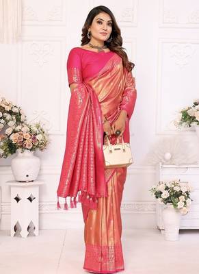 Coral Pink Color Premium Banarasi Tissue Silk Blend Sarees  3