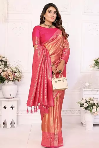 Coral Pink Color Premium Banarasi Tissue Silk Blend Sarees 