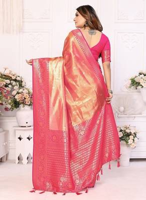 Coral Pink Color Premium Banarasi Tissue Silk Blend Sarees  4