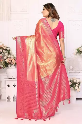 Coral Pink Color Premium Banarasi Tissue Silk Blend Sarees 