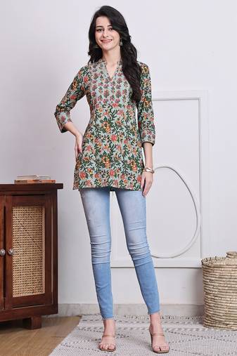 Green women's pure cotton jaipuri printed tunic