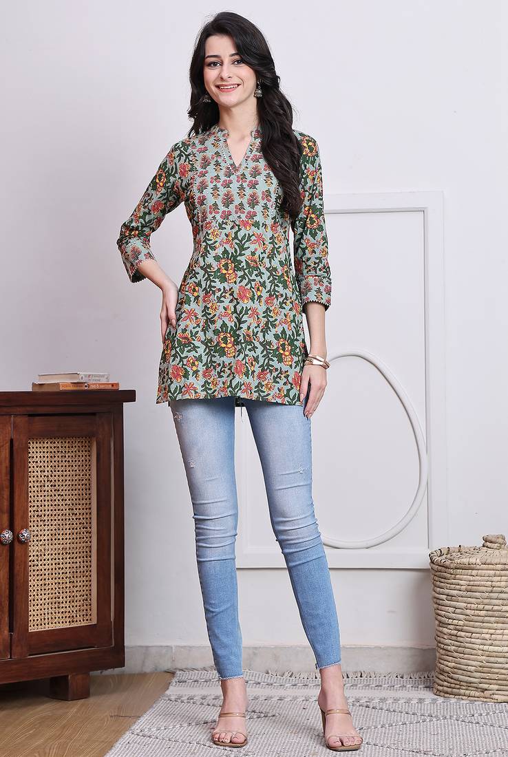 Green women's pure cotton jaipuri printed tunic