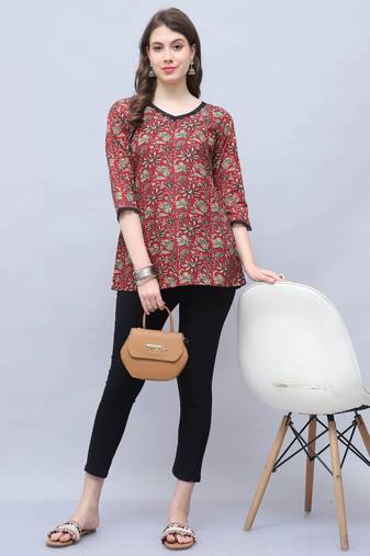 Maroon & beige women's cotton blend floral printed tunic
