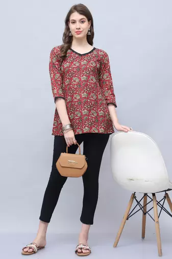 Maroon & beige women's cotton blend floral printed tunic