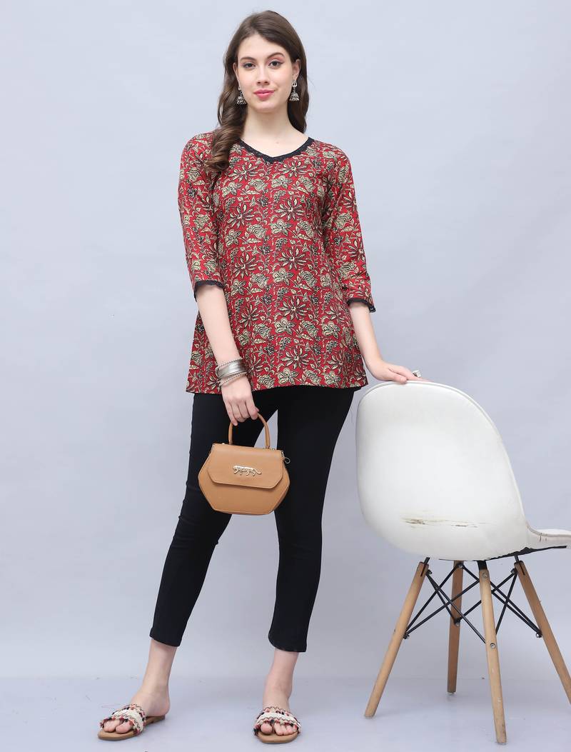 Maroon & beige women's cotton blend floral printed tunic