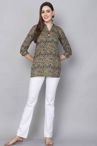 Blue & turquoise women's cotton blend floral printed tunic