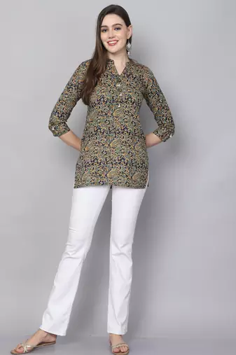 Blue & turquoise women's cotton blend floral printed tunic