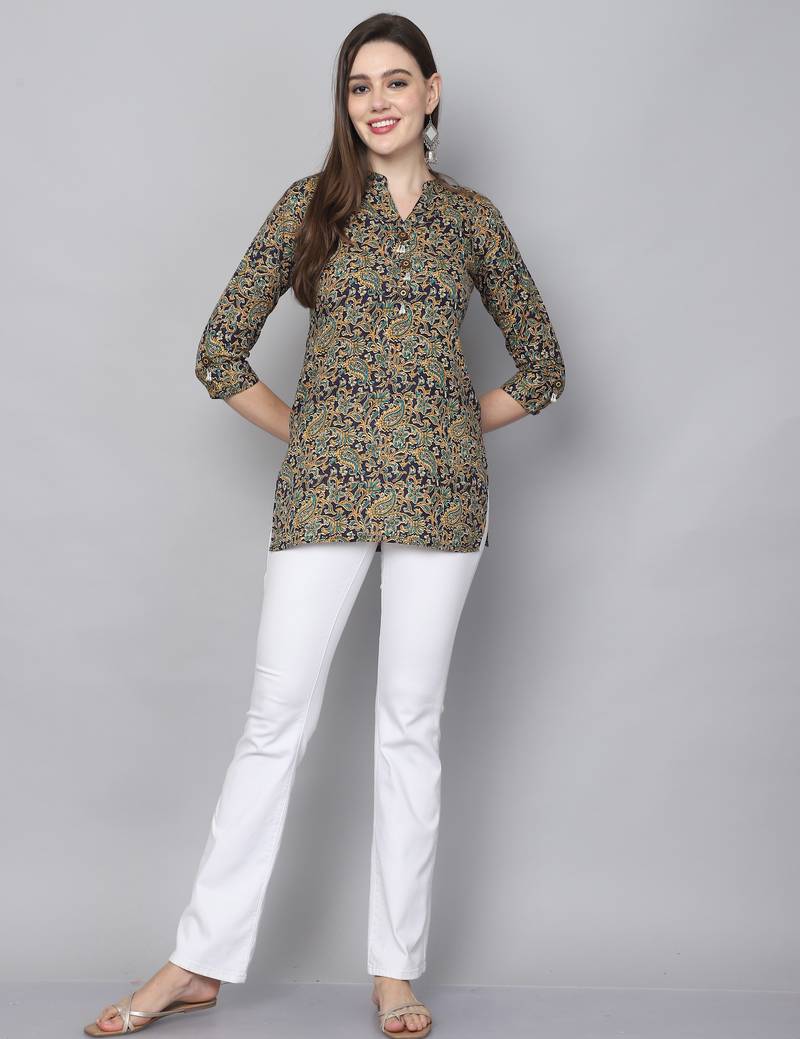 Blue & turquoise women's cotton blend floral printed tunic