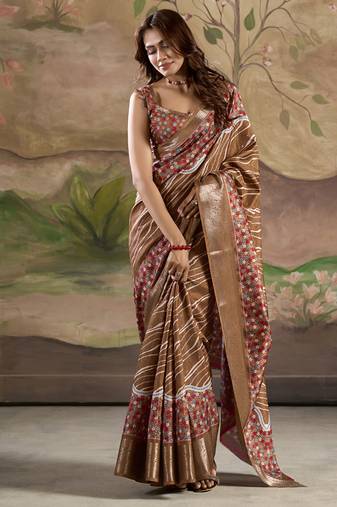 coffee silk blend blended printed casual wear saree