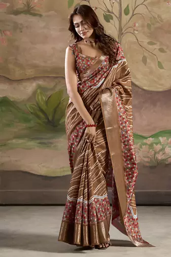 coffee silk blend blended printed casual wear saree