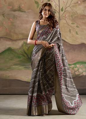 gray silk blend blended printed casual wear saree 1