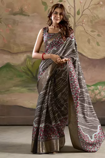 gray silk blend blended printed casual wear saree