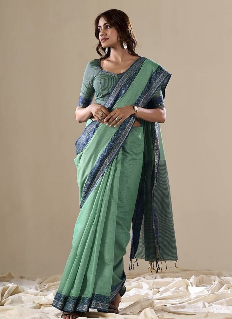 pista handloom cotton casual wear saree