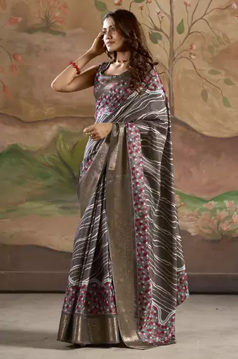gray silk blend blended printed casual wear saree
