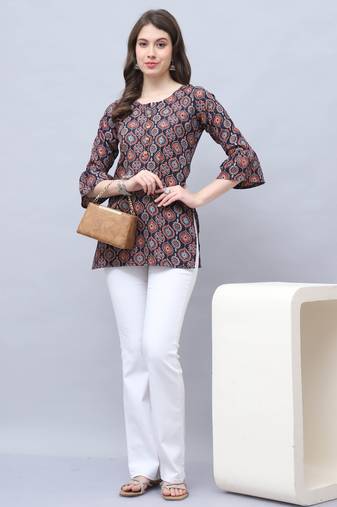 Navy blue women's cotton blend block printed tunic