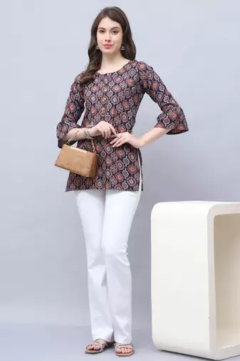 Navy blue women's cotton blend block printed tunic