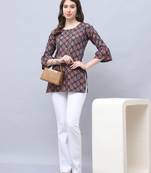 Navy blue women's cotton blend block printed tunic