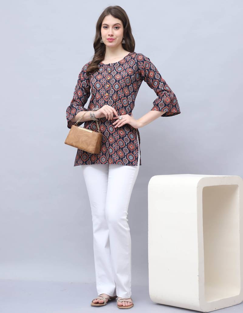 Navy blue women's cotton blend block printed tunic