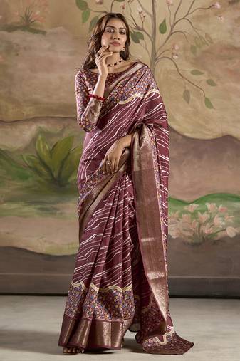 maroon silk blend blended printed casual wear saree