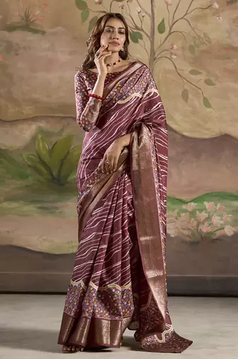 maroon silk blend blended printed casual wear saree