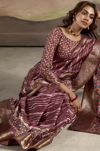 maroon silk blend blended printed casual wear saree