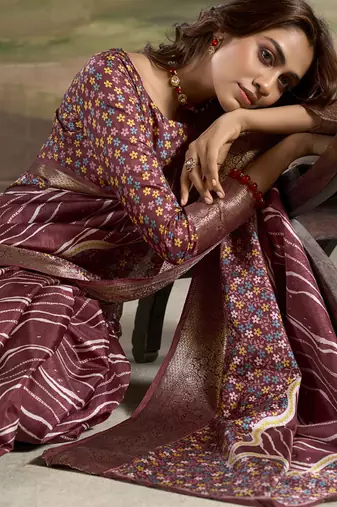 maroon silk blend blended printed casual wear saree
