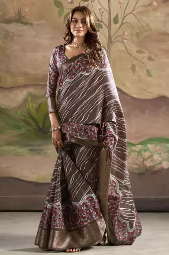 brown silk blend blended printed casual wear saree