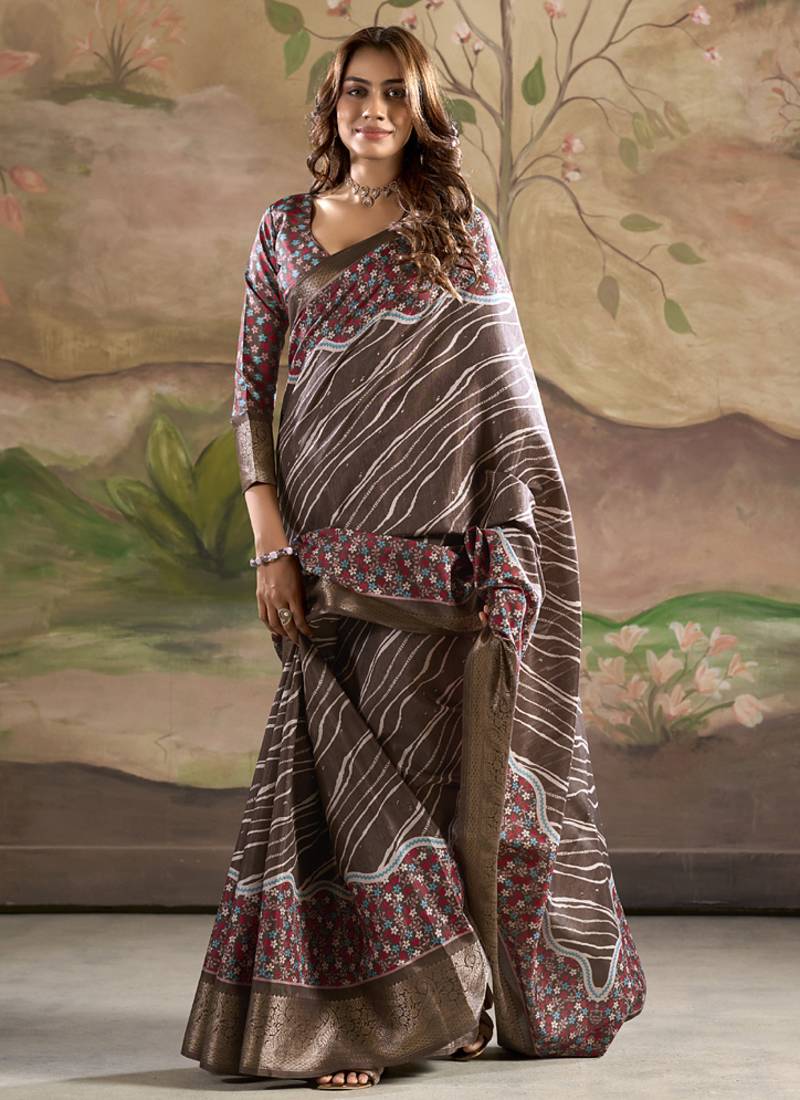 brown silk blend blended printed casual wear saree