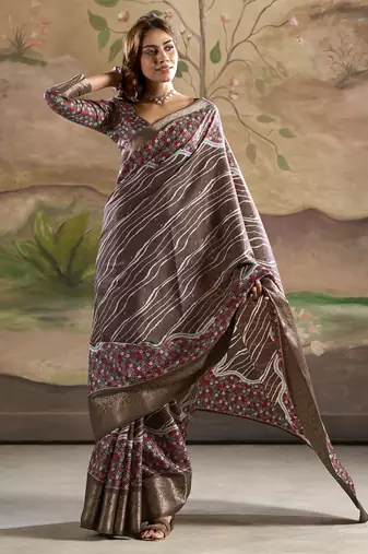 brown silk blend blended printed casual wear saree