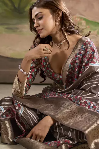 brown silk blend blended printed casual wear saree