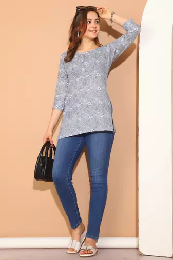 Light blue women's pure cotton floral printed tunic