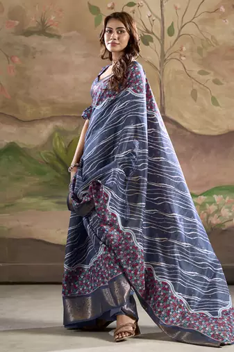 blue silk blend blended printed casual wear saree