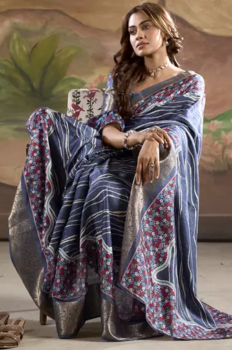 blue silk blend blended printed casual wear saree