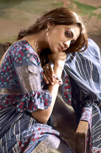 blue silk blend blended printed casual wear saree